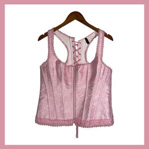Pink Brocade Corset Tank Top Lace-Up Back Size 42 Satin Trim Vintage Style